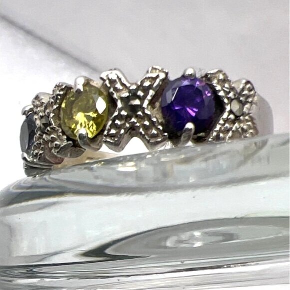 Sterling Silver Ring XOXO Amethyst Citrine Blue Topaz Marcasites Sz7.75 - Picture 2 of 8